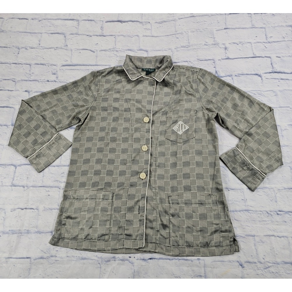 Lauren Ralph Lauren Pajama Top Womens M Black Glen Plaid Button Loungewear VTG